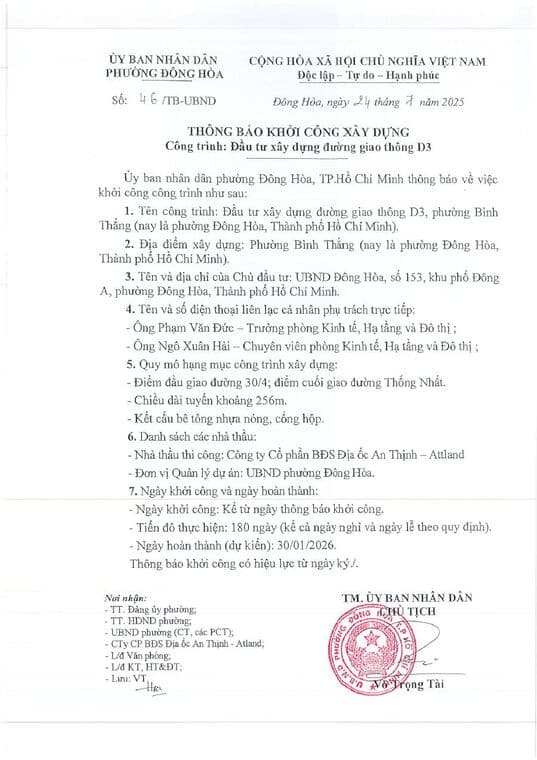 Trang đầu văn bản Thông báo khởi công xây dựng đường giao thông D3