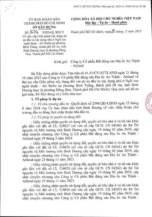 Trang đầu văn bản Công văn về cấp Giấy phép xây dựng dự án Art Stella