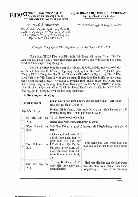 Trang đầu văn bản Xác nhận cấp tín dụng dự án Art Stella